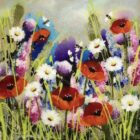 Lake district art by Rozanne Bell. An acrylic paint and resin mixed media piece Dance of the Honey Bee features bright wildflowers including poppies and daisies with bees flying around
