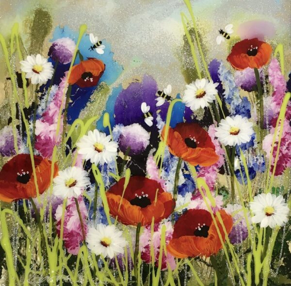 Lake district art by Rozanne Bell. An acrylic paint and resin mixed media piece Dance of the Honey Bee features bright wildflowers including poppies and daisies with bees flying around