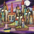 Lake district art by Rozanne Bell. An acrylic paint and resin mixed media piece Dreamtime Sailing a harbour village under a full moon in bright bold colours with glitter and texture