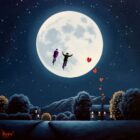 Lake District art by David Renshaw. An oil painting continuation of his Northern Romance series featuring Ted and doris Infinite Love featuring a full moon in greyscale with a couple cycling