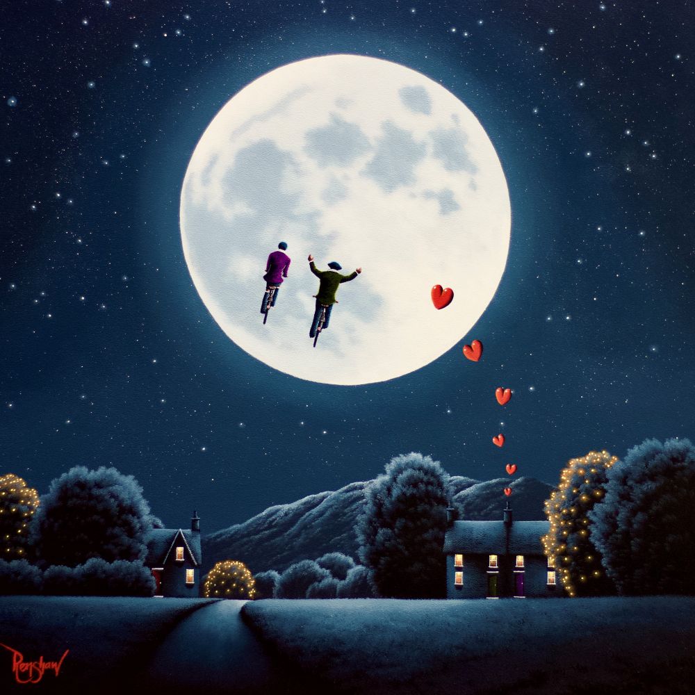 Infinite Love by David Renshaw Lake District art by David Renshaw. An oil painting continuation of his Northern Romance series featuring Ted and doris Infinite Love featuring a full moon in greyscale with a couple cycling