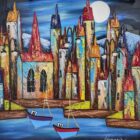 Lake district art by Rozanne Bell. Moonlight Over The Harbour an acrylic and resin mixed media piece of a harbour village under a full moon in bright bold colours with glitter and texture