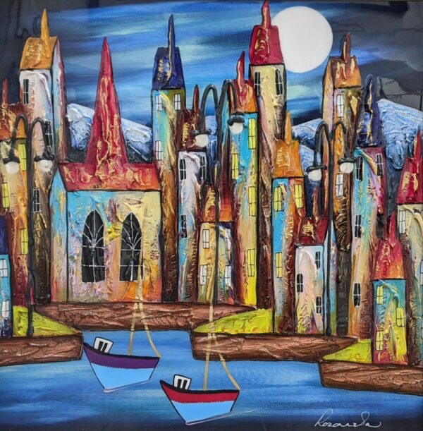 Lake district art by Rozanne Bell. Moonlight Over The Harbour an acrylic and resin mixed media piece of a harbour village under a full moon in bright bold colours with glitter and texture