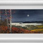 an original oil painting by Lake District artist Jeff Sudders. A starry night time scene over Windermere with autumnal colours on the fellside. Displayed in a white cushioned frame.