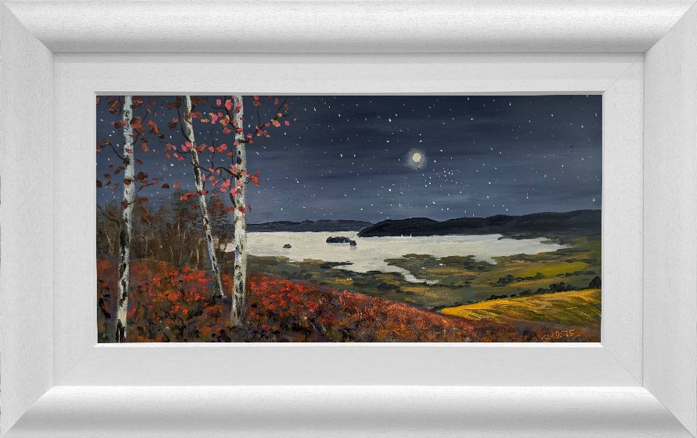 an original oil painting by Lake District artist Jeff Sudders. A starry night time scene over Windermere with autumnal colours on the fellside. Displayed in a white cushioned frame.