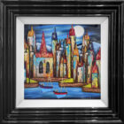 Lake district art by Rozanne Bell. Moonlight Over The Harbour an acrylic and resin mixed media piece of a harbour village under a full moon in bright bold colours with glitter and texture