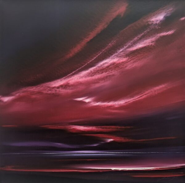 Ruby Skies original acrylic painting by Jonathan Shaw. Jonathan captures beautiful sweeping cloudy skies and stunning horizons in a variety of colours. Here in a pinkish dark red