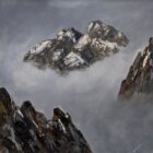 lake district art original oil painting by local artist jeff sudders a misty winter view of Striding Edge with snow peaks poking out above the cloud leading to Helvellyn