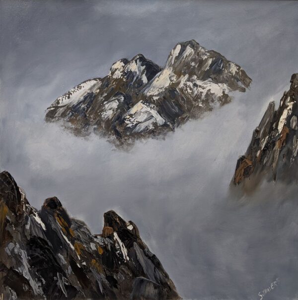 lake district art original oil painting by local artist jeff sudders a misty winter view of Striding Edge with snow peaks poking out above the cloud leading to Helvellyn