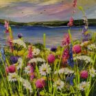 Lake district art by Rozanne Bell. An acrylic paint and resin mixed media piece View Across the Bay features a summer wildflower scene with daisies foxgloves a lake and mountains