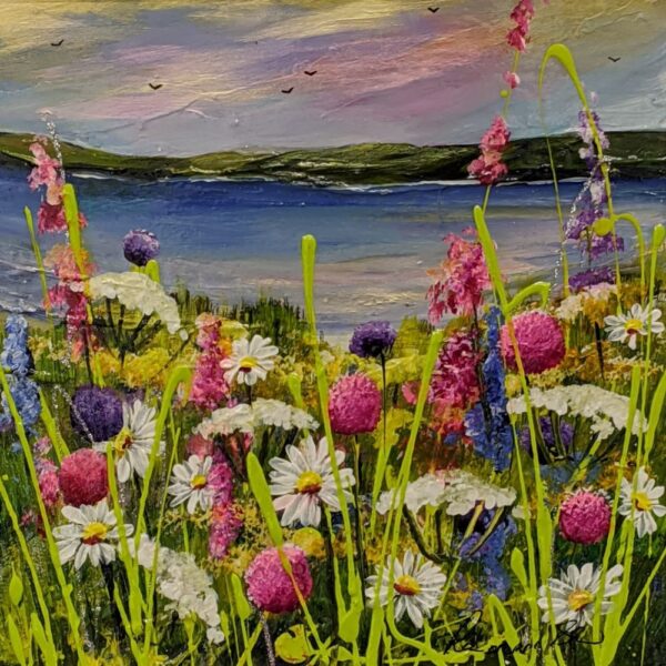 Lake district art by Rozanne Bell. An acrylic paint and resin mixed media piece View Across the Bay features a summer wildflower scene with daisies foxgloves a lake and mountains