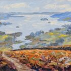 lake district art original oil painting by jeff sudders. windermere from todd crag impasto style overlooking waterhead islands and fells