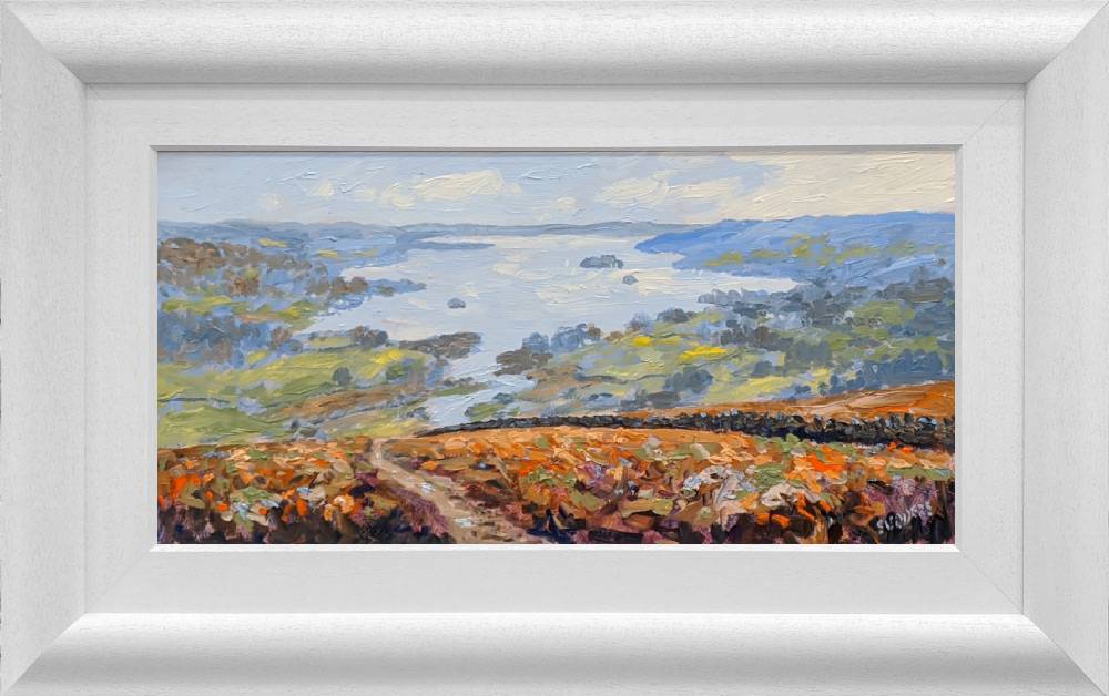 lake district art original oil painting by jeff sudders. windermere from wansfell impasto style overlooking waterhead islands and fells