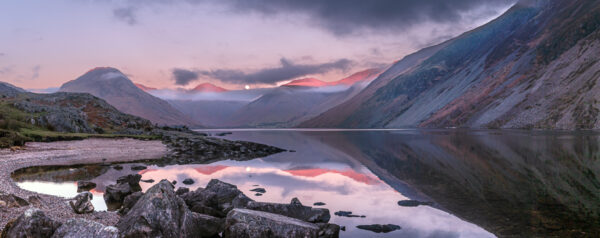 Lake District Art Photographer Print by local artist Nathan Buckley. wolf moon over wastwater pink light over yewbarrow great gable wasdale head lingmell scafell pike and the screes
