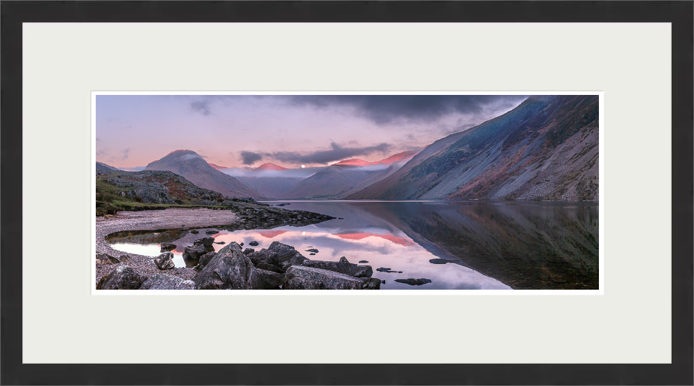 Lake District Art Photographer Print by local artist Nathan Buckley. wolf moon over wastwater featuring yewbarrow great gable scafell and the screes