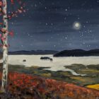 an original oil painting by Lake District artist Jeff Sudders. A starry night time scene over Windermere with autumnal colours on the fellside.