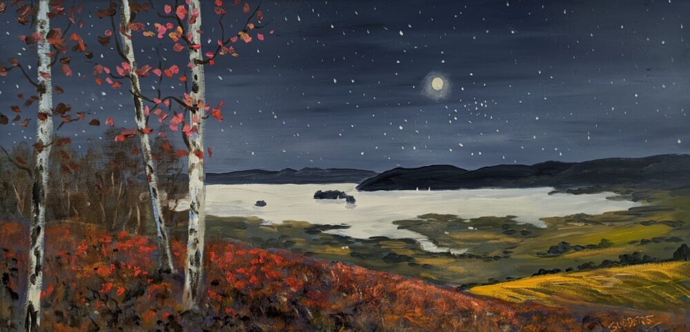 Moonlight Over Windermere by Jeff Sudders an original oil painting by Lake District artist Jeff Sudders. A starry night time scene over Windermere with autumnal colours on the fellside.