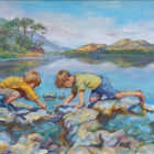 lake district art original oil painting by artist amanda jackson summer view across ullswater with two young children playing in the water