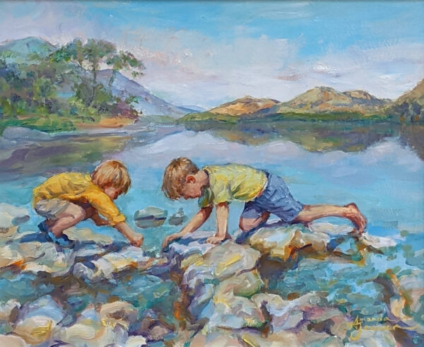 lake district art original oil painting by artist amanda jackson summer view across ullswater with two young children playing in the water