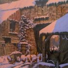 lake district art original painting by edward hersey oil on board of old farm rad in rural english countryside in winter pink glow with pecking chickens and dog walker