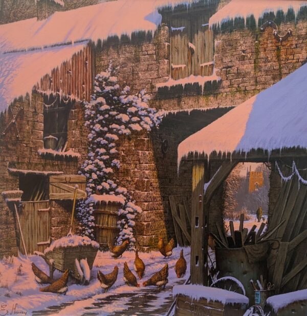 lake district art original painting by edward hersey oil on board of old farm rad in rural english countryside in winter pink glow with pecking chickens and dog walker