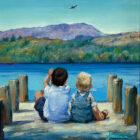 lake district art original oil painting by amanda jackson fine art two children playing on a jetty on windermere summer day with birds flying