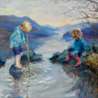 lake district art original oil painting by amanda jackson with two young children playing in ullswater in their wellington boots and ripples of water