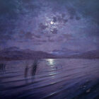 lake district art original oil painting by artist andrew ghrant kurtis a tranquil moonlit scene of elterwater lakeside with langdale pikes mountains in the background in lilac tones