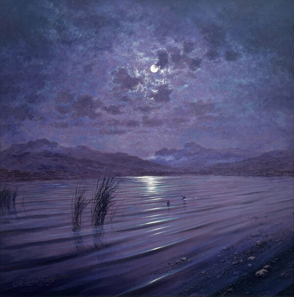 lake district art original oil painting by artist andrew ghrant kurtis a tranquil moonlit scene of elterwater lakeside with langdale pikes mountains in the background in lilac tones