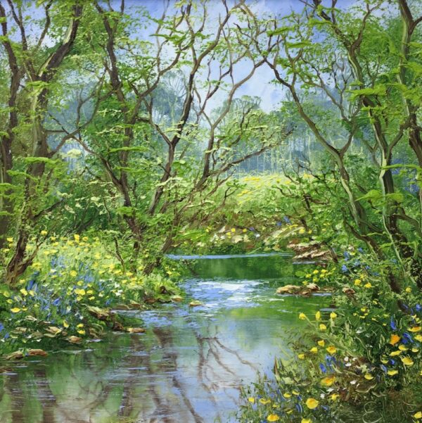 lake district art original oil painting textured oil landscape by terry evans beautiful countryside scene of a stream through woodland with blue and yellow flowers along the shore