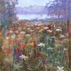 Lake District art framed print Dancing Daisies Windermere by local artist Jeff Sudders of colourful wild flowers with the lake and Langdale Pikes and mountains in the distance.