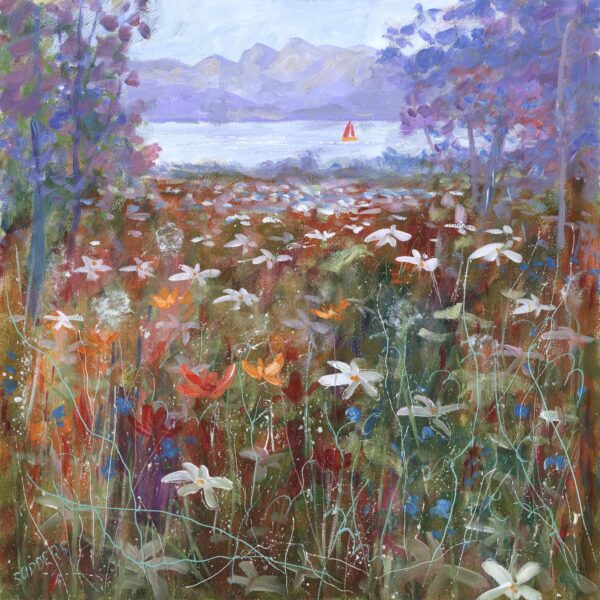 Lake District art framed print Dancing Daisies Windermere by local artist Jeff Sudders of colourful wild flowers with the lake and Langdale Pikes and mountains in the distance.
