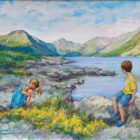 lake district art original oil painting by artist amanda jackson a view of wastwater in summer with yewbarrow great gable in summer colours and two young children playing in the foreground
