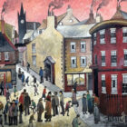 gary mcnamara lake district art original mixed media painting inspired by l.s. lowry with industrial buildings and busy town with people moving around