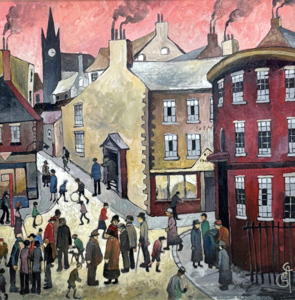 gary mcnamara lake district art original mixed media painting inspired by l.s. lowry with industrial buildings and busy town with people moving around