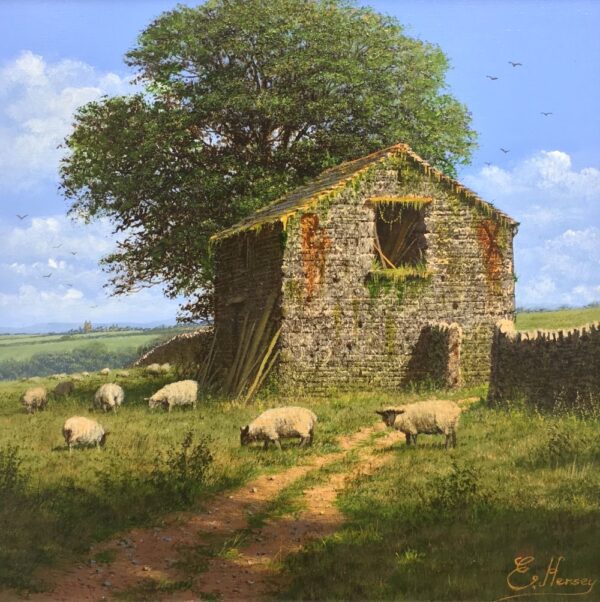 lake district art original painting by edward hersey oil on board of old farm barn in rural english countryside in summer sunshine with grazing sheep in the field