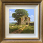lake district art original painting by edward hersey oil on board of old farm barn in rural english countryside in summer sunshine with grazing sheep in the field
