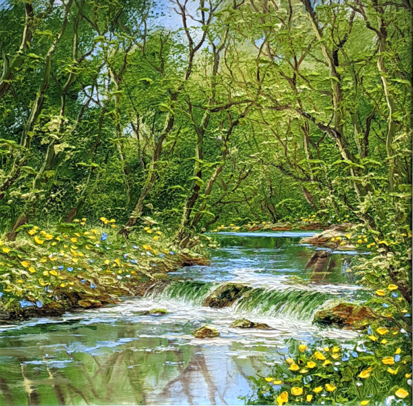 Oil painting on canvas by Terry Evans of a river in spring with buttercups and abundant trees on leaves