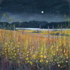 Lake District art framed print Moonlit Meadow by Windermere by local artist Jeff Sudders of a dark blue sky with moon and stars over silhouetted mountains with wildflowers in the foreground.