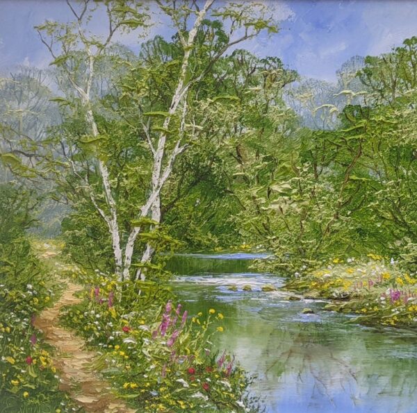 lake district art original oil painting textured oil landscape by terry evans beautiful countryside scene of a stream with a woodland path and wildflowers in summer
