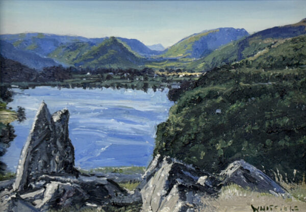 lake district art original oil painting by local artist a view of loughrigg fell summit to grasmere with helm crag and seat sandal on a summer evening