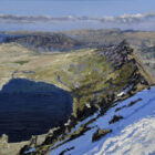 lake district art original oil painting by local artist simon whitfield view from helbellyn to red tarn with striding edge and ullswater in last of the winter snow