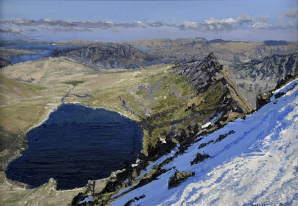 lake district art original oil painting by local artist simon whitfield view from helbellyn to red tarn with striding edge and ullswater in last of the winter snow
