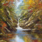 lake district art original oil painting by terry evans with empasto oil texture and layering a small waterfall and river in an autumnal forest