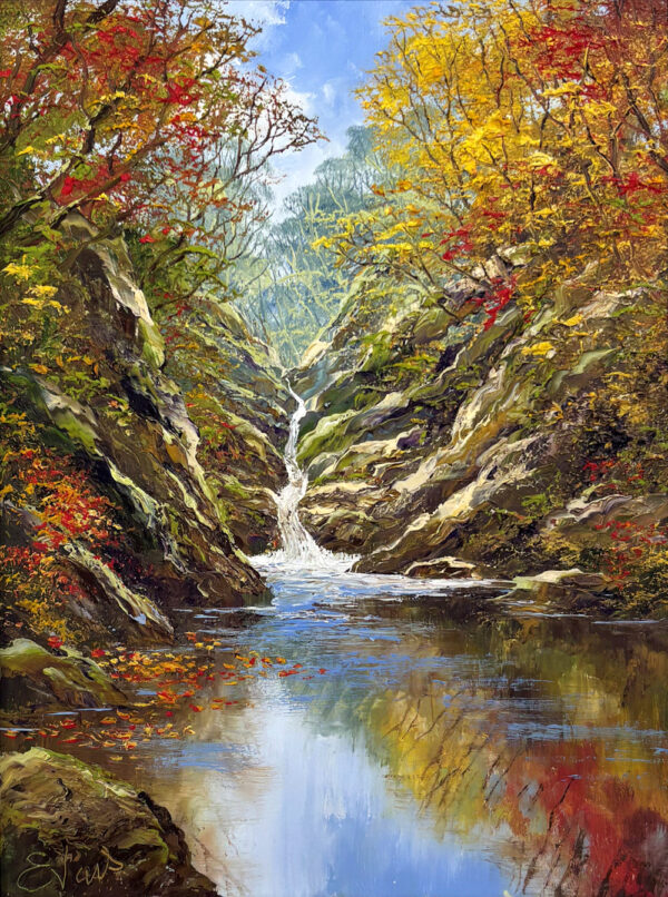 lake district art original oil painting by terry evans with empasto oil texture and layering a small waterfall and river in an autumnal forest