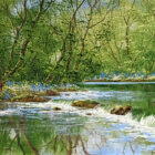 Spring landscape by Terry Evans with a gentle stream, showing either bank covered in flowers and trees