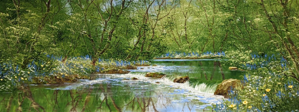 Spring landscape by Terry Evans with a gentle stream, showing either bank covered in flowers and trees