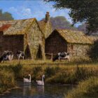 edward hersey original oil painting of the english countryside with farm buildings cows and swans on the stream - The warmth of Summer