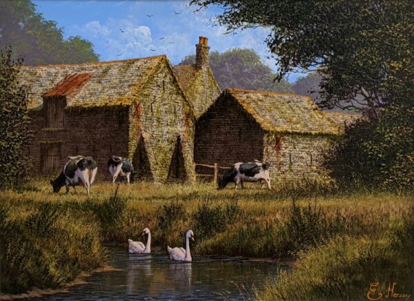 edward hersey original oil painting of the english countryside with farm buildings cows and swans on the stream - The warmth of Summer