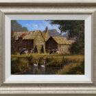 edward hersey original oil painting of the english countryside with farm buildings cows and swans on the stream - The warmth of Summer